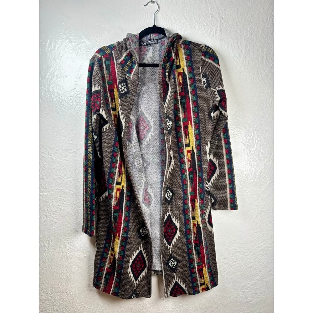 Hooded Cardigan Medium Red Southwestern Longline Tribal Festival Eclectic Boho